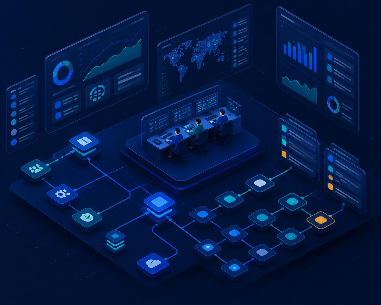 Isometric illustration of an operations command centre with dashboards, workflow nodes and service reporting charts